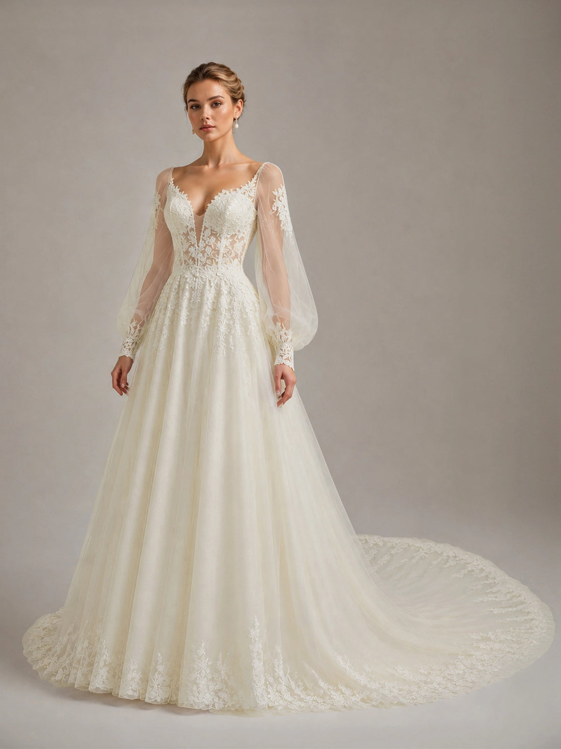 Tulle Wedding Dress with Lace-Trimmed Train 