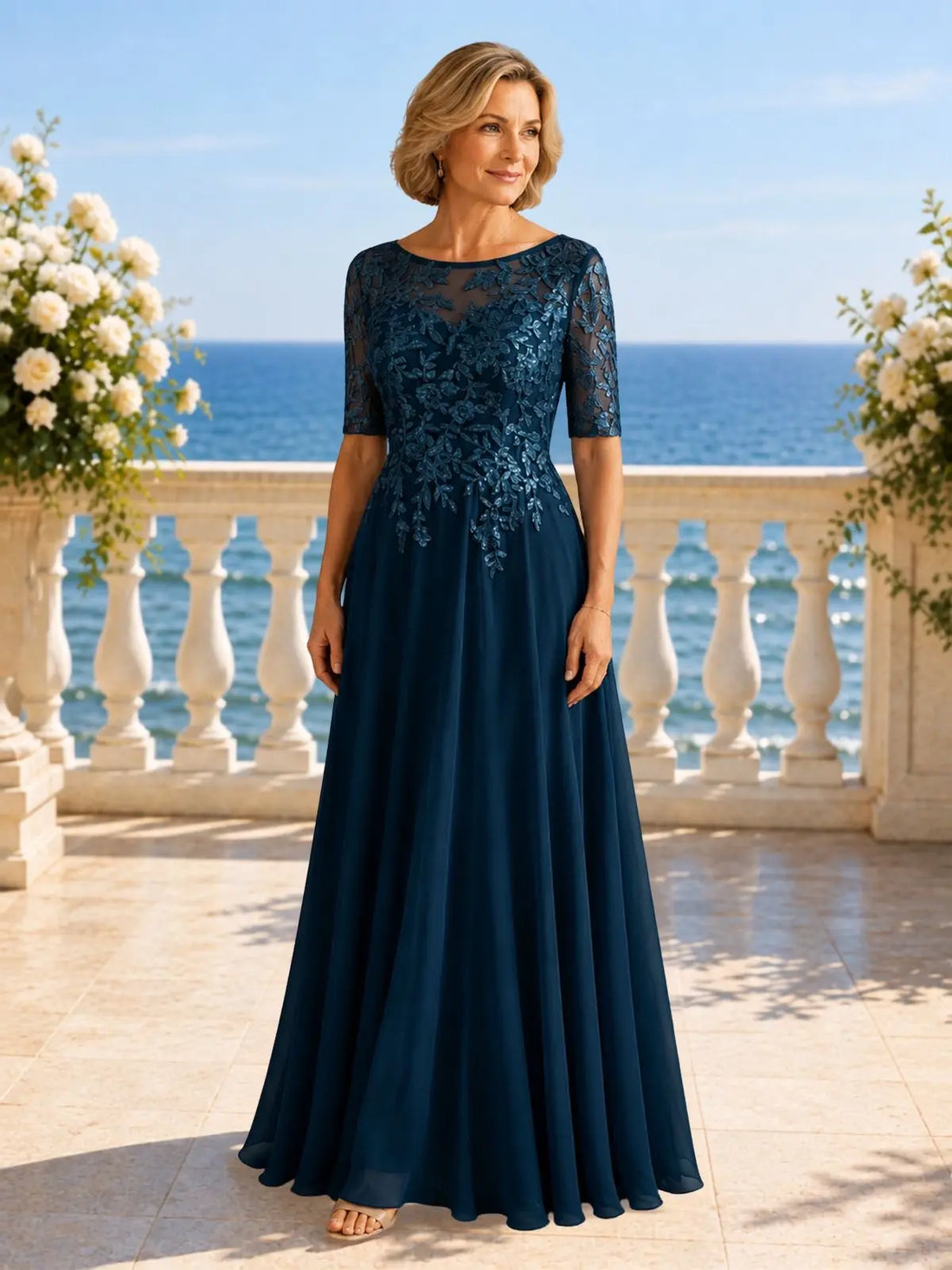 Applique Half Sleeves Chiffon Dress 