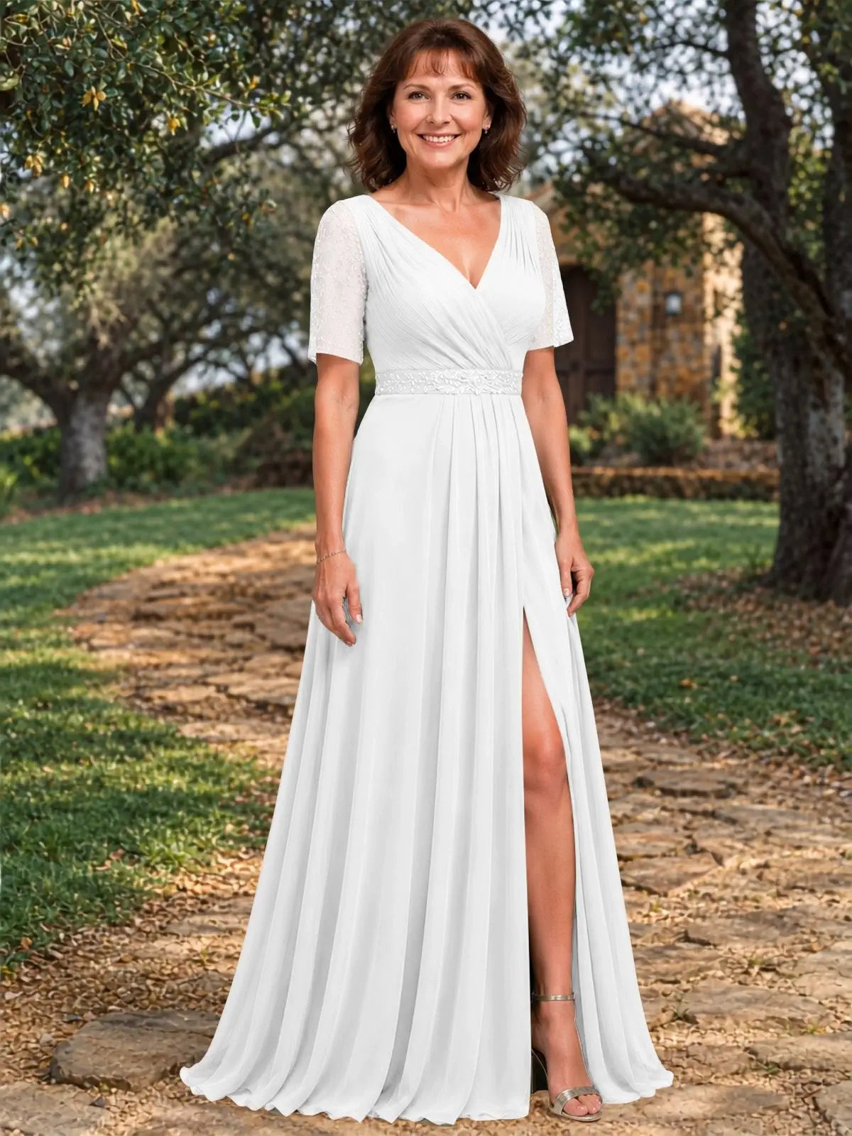 Surplice Neckline Mother of the Bride Dress with Slit 