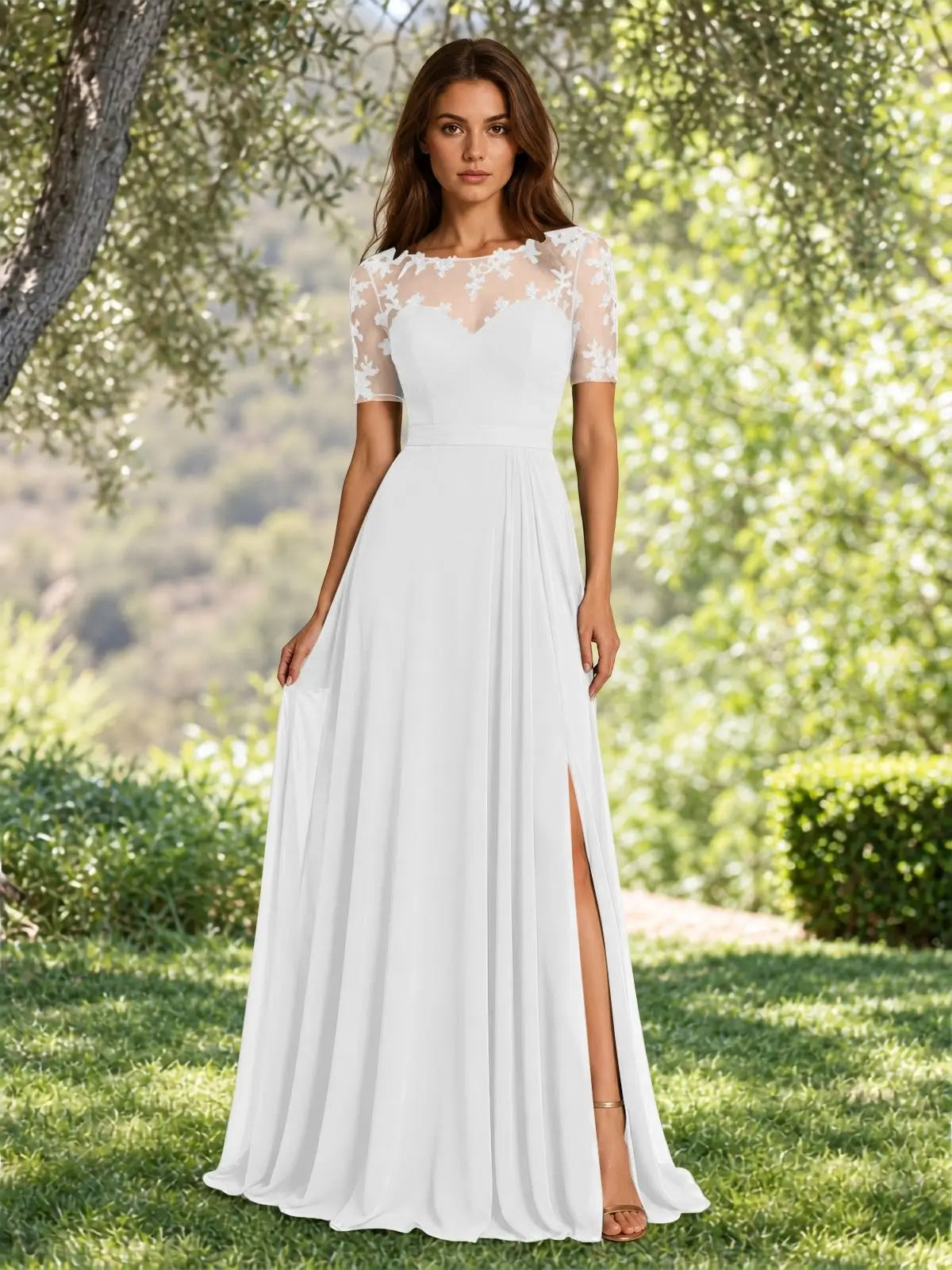 Lace Mother of the Bride Dress with Illusion Neckline 