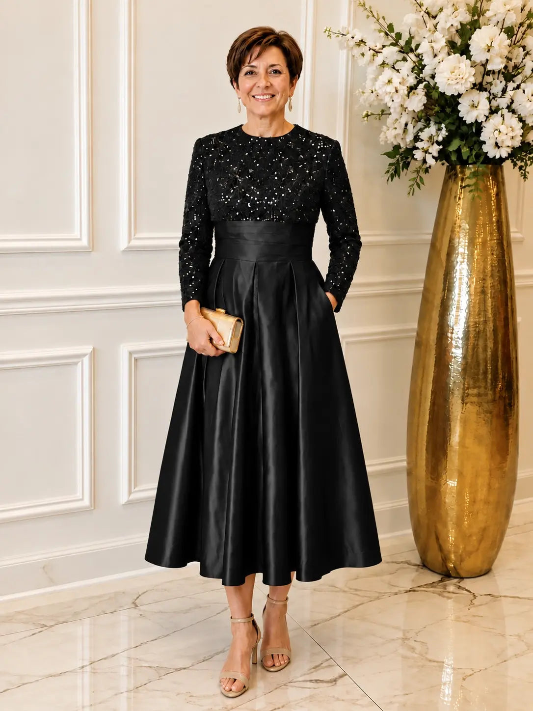 Sequined Boat Long Sleeves Dress 