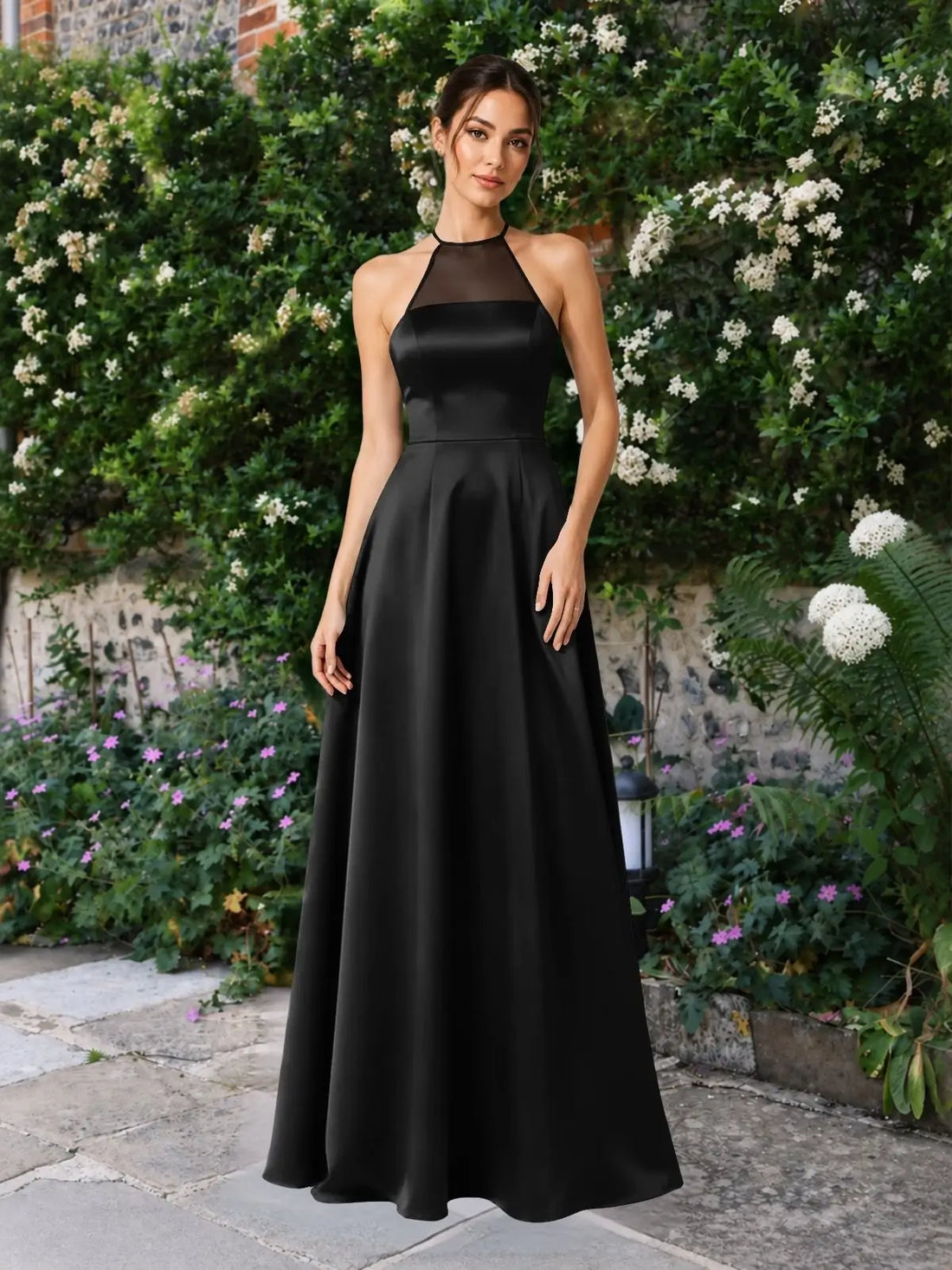 Satin Bridesmaid Dress with Illusion Halter Neck 