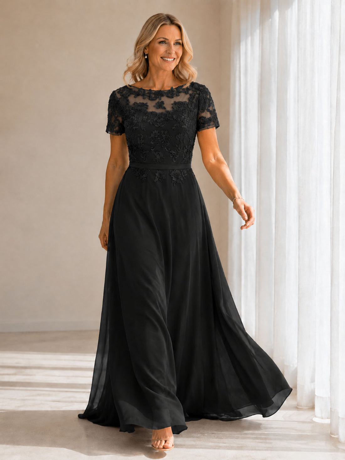 Illusion Applique Chiffon Dress 