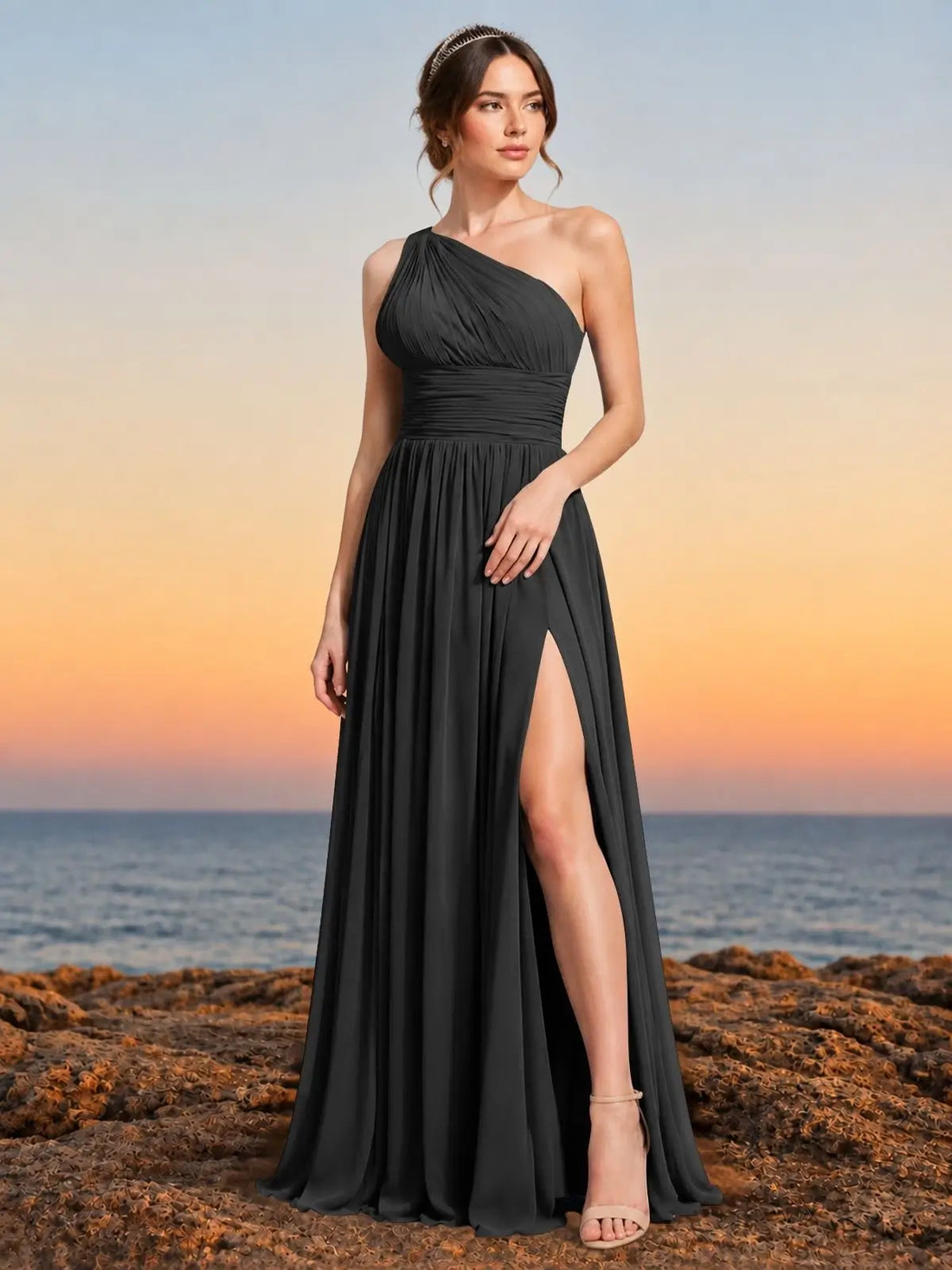 Chiffon Bridesmaid Dress with One-Shoulder Neckline 