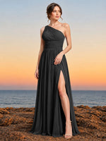 Chiffon Bridesmaid Dress with One-Shoulder Neckline 
