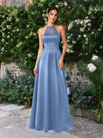Satin Bridesmaid Dress with Illusion Halter Neck 