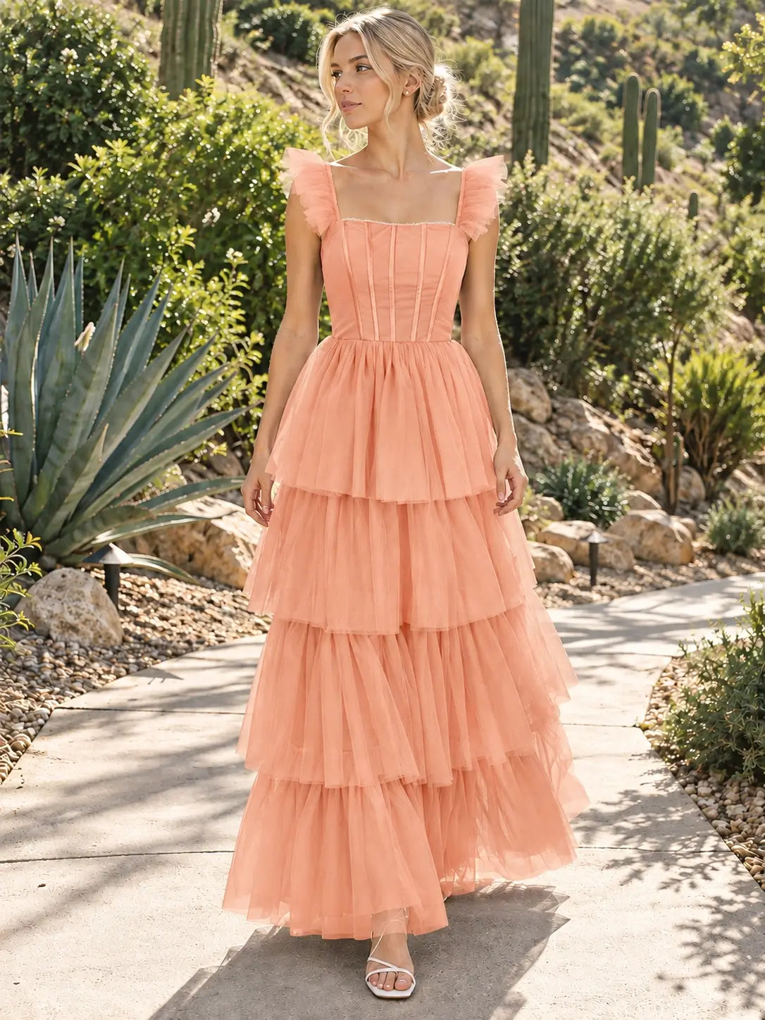 Ruffled Strap Tiered Tulle Bridesmaid Dress 