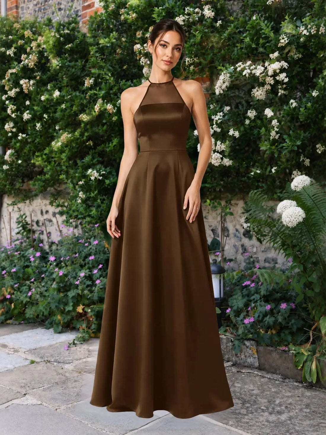 Satin Bridesmaid Dress with Illusion Halter Neck 
