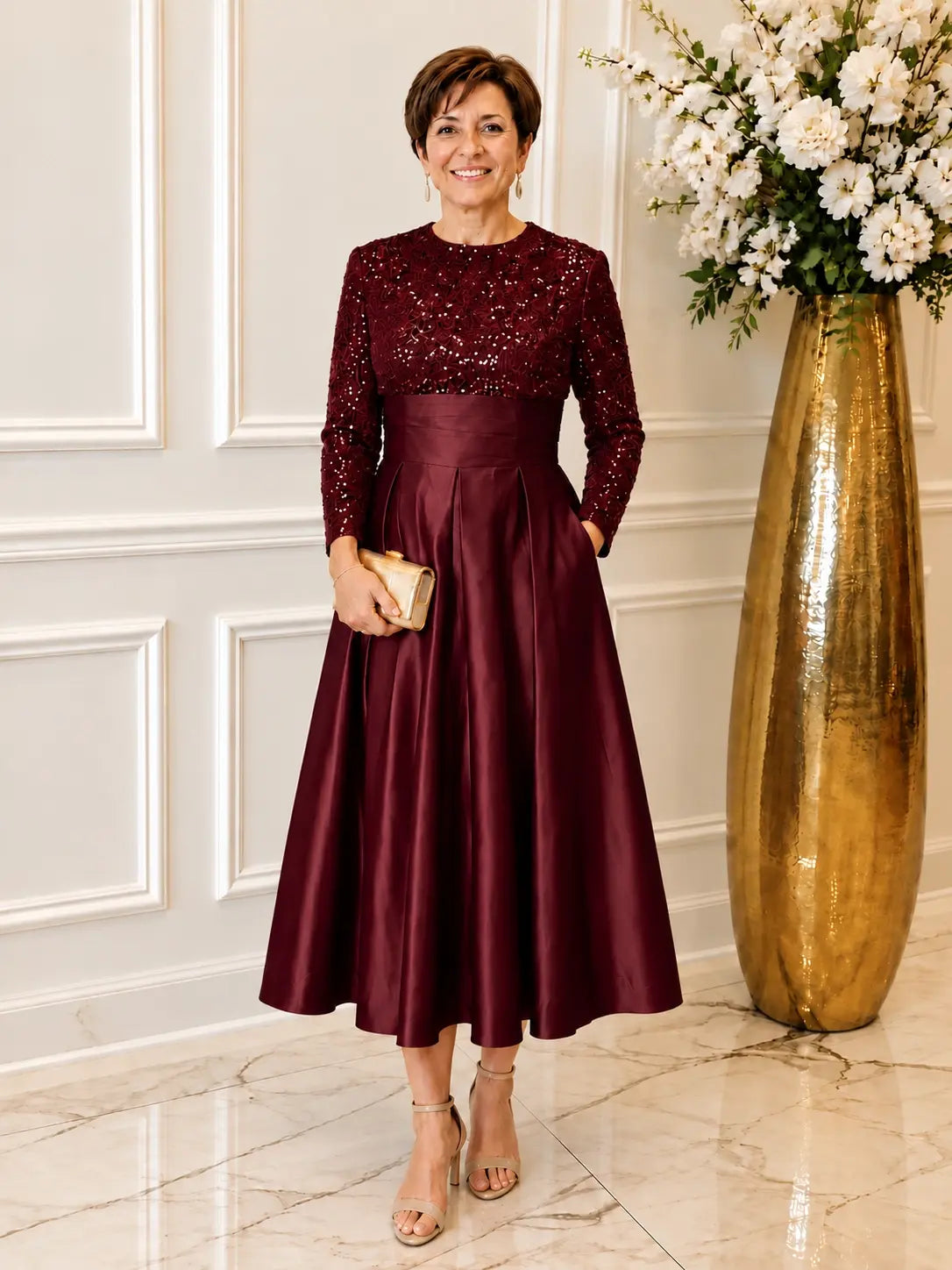 Sequined Boat Long Sleeves Dress 