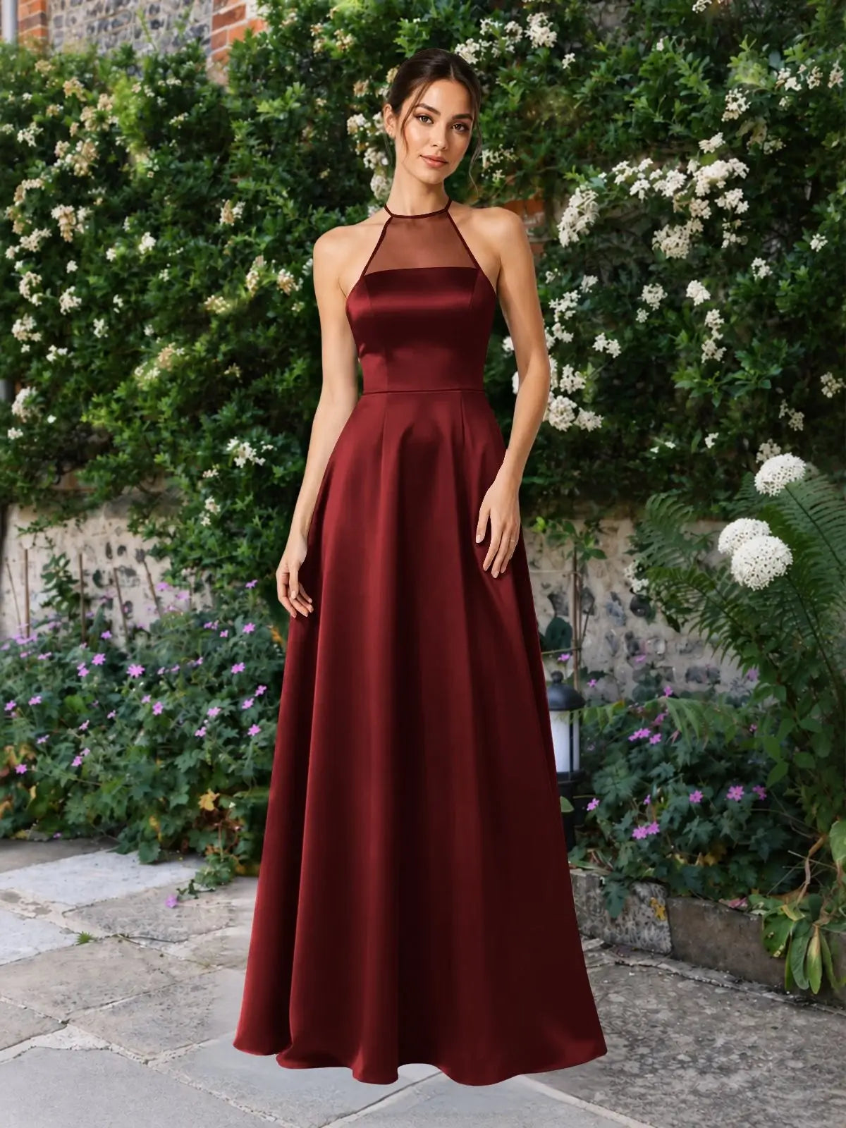 Satin Bridesmaid Dress with Illusion Halter Neck 