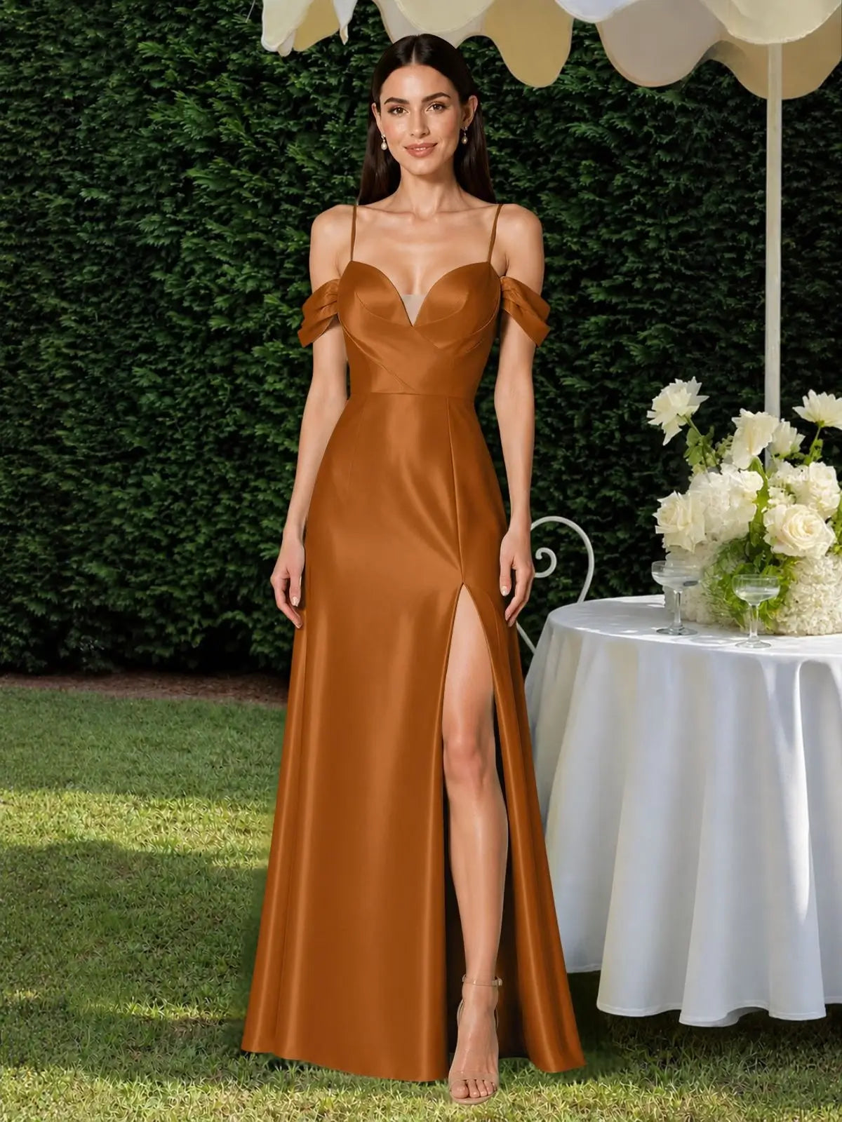 Silk-like Bridesmaid Dress with Cold Neckline 
