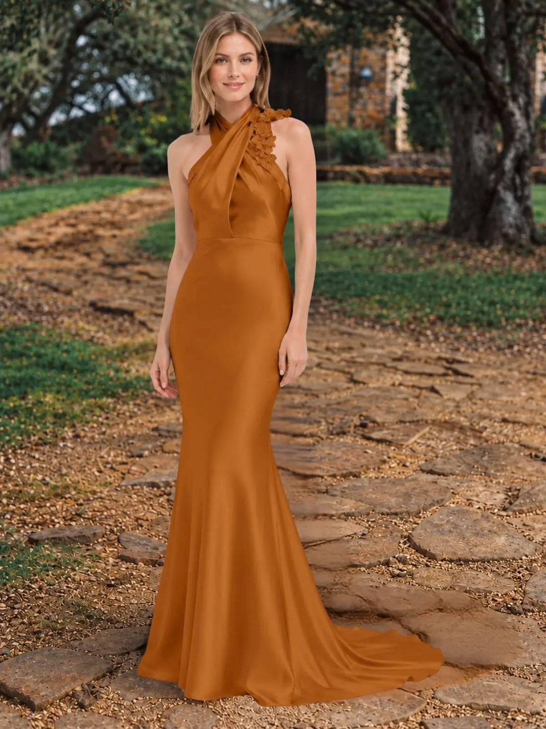 Silk-like Bridesmaid Dress with 3D Floral 