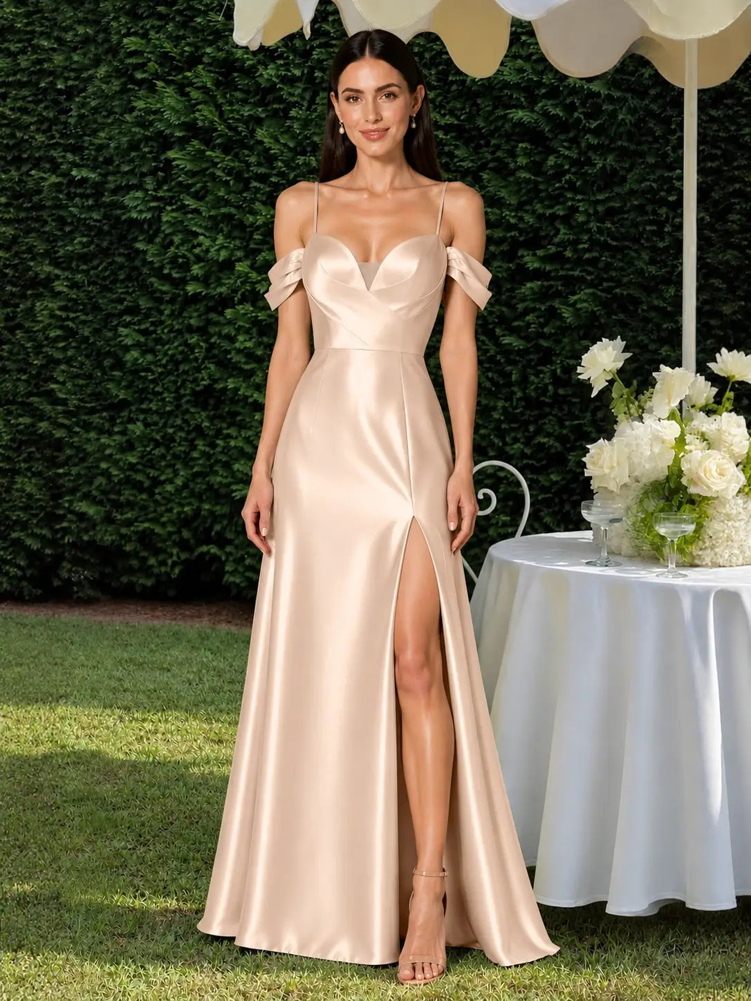 Silk-like Bridesmaid Dress with Cold Neckline 