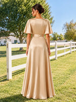 V-neck Bridesmaid Dress with Flutter Sleeves