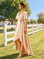 V-neck Bridesmaid Dress with Flutter Sleeves