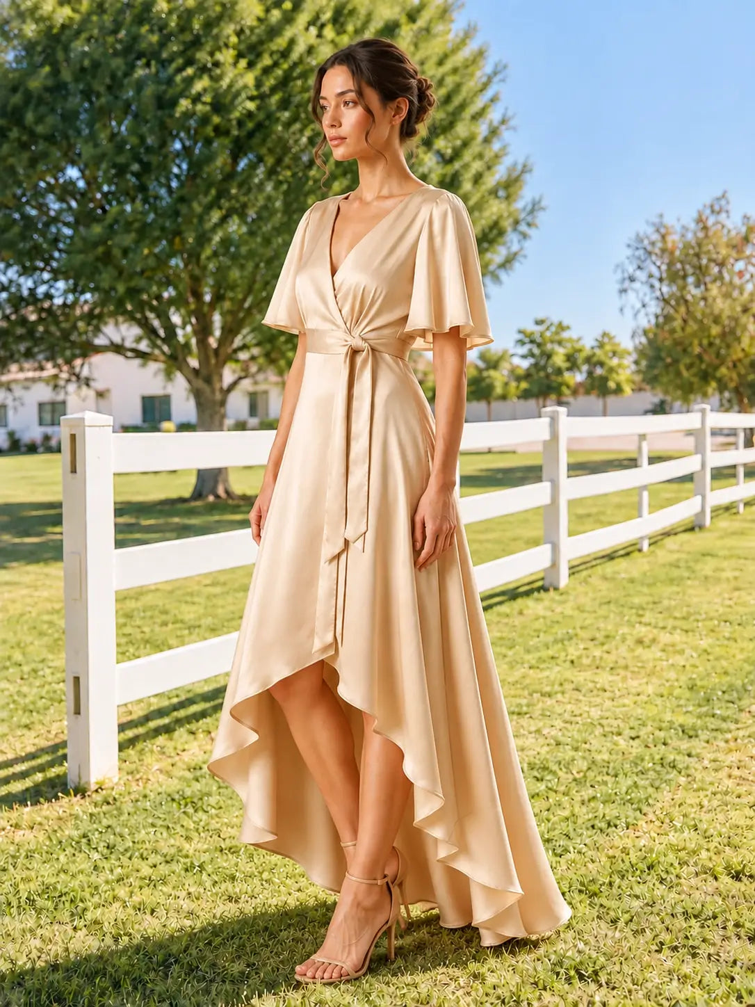 V-neck Bridesmaid Dress with Flutter Sleeves