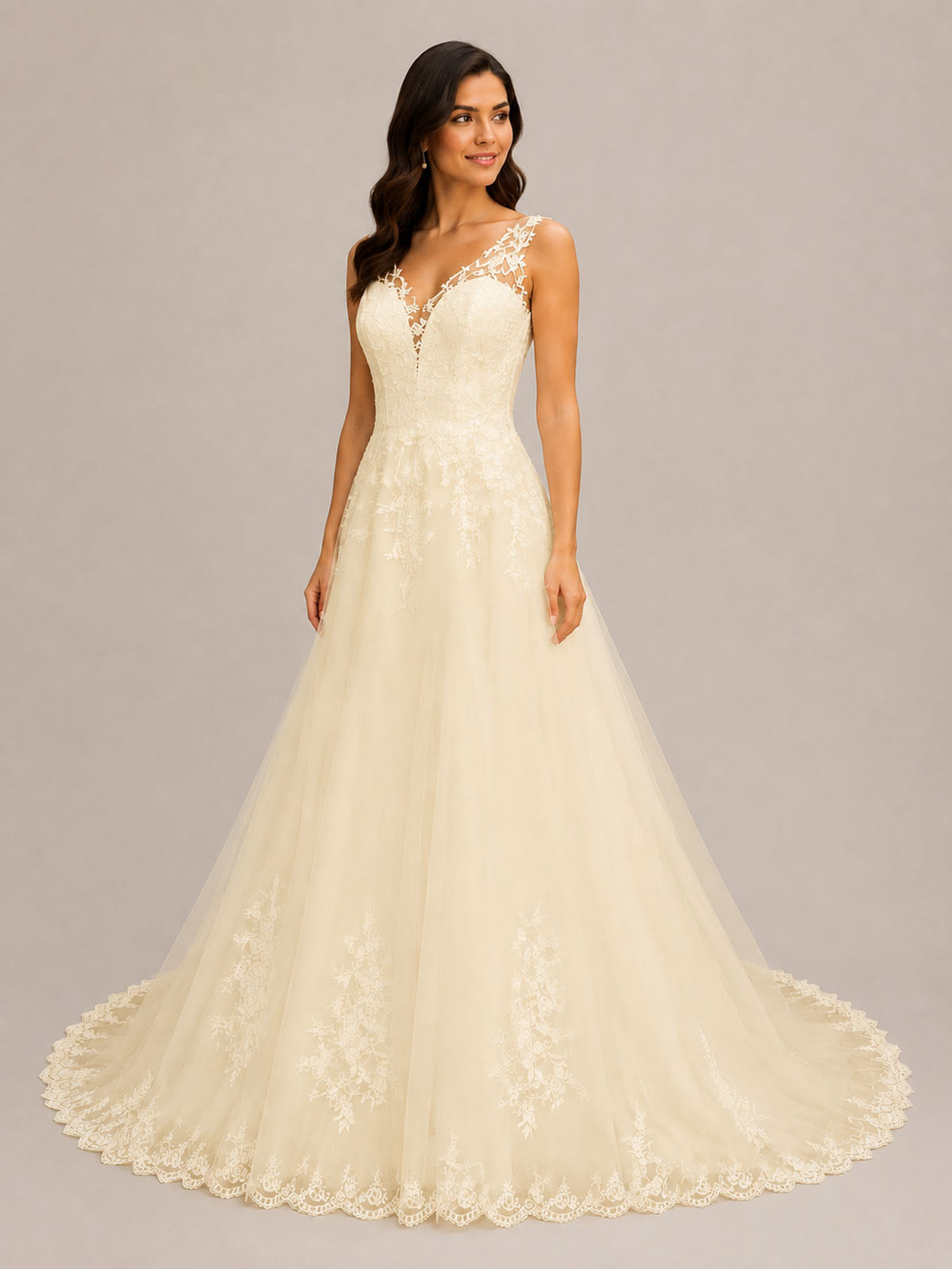 Wide Straps Applique Wedding Dress 