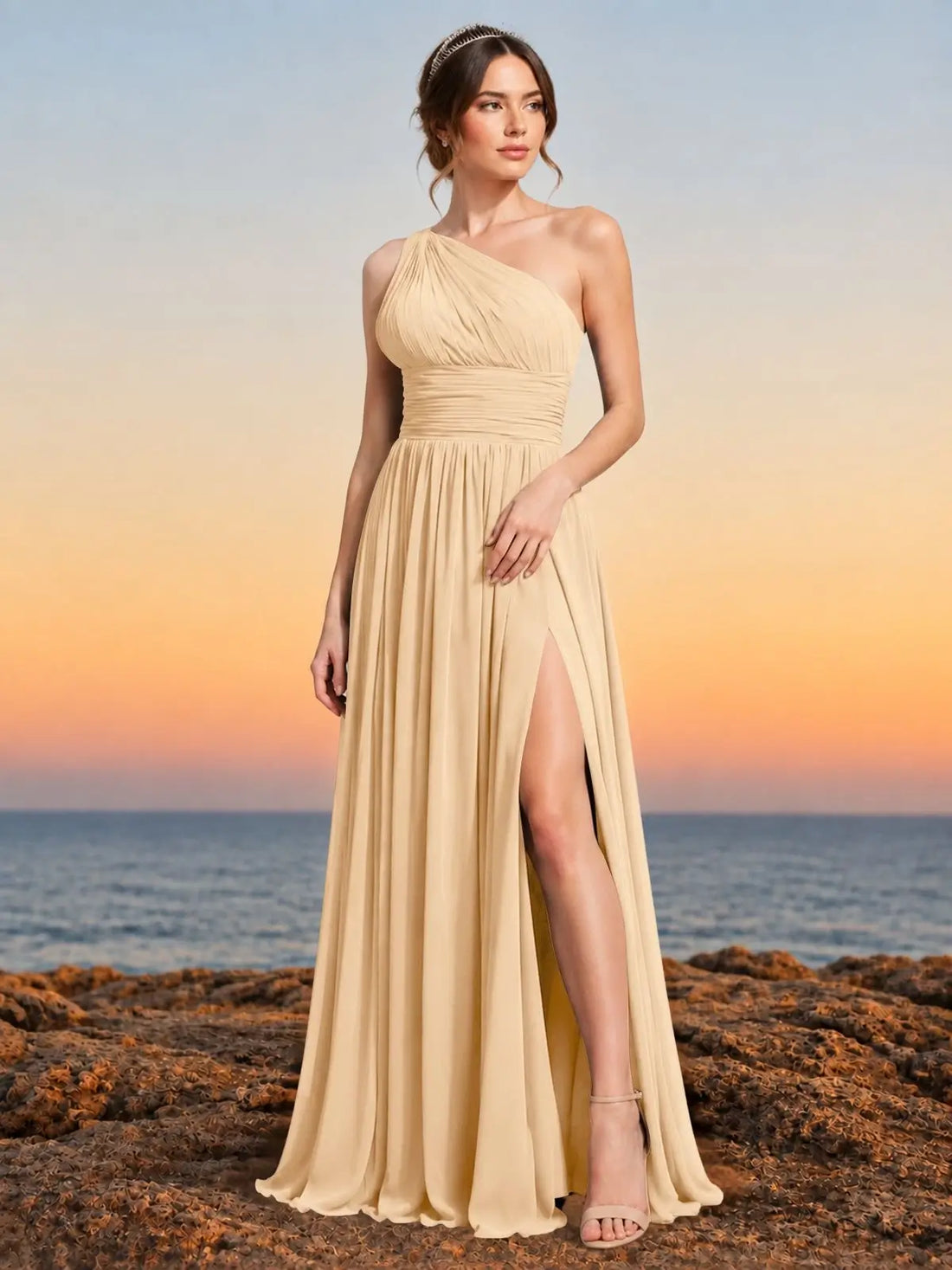 Chiffon Bridesmaid Dress with One-Shoulder Neckline 
