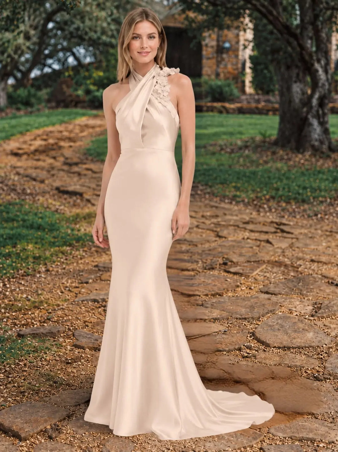 Silk-like Bridesmaid Dress with 3D Floral 