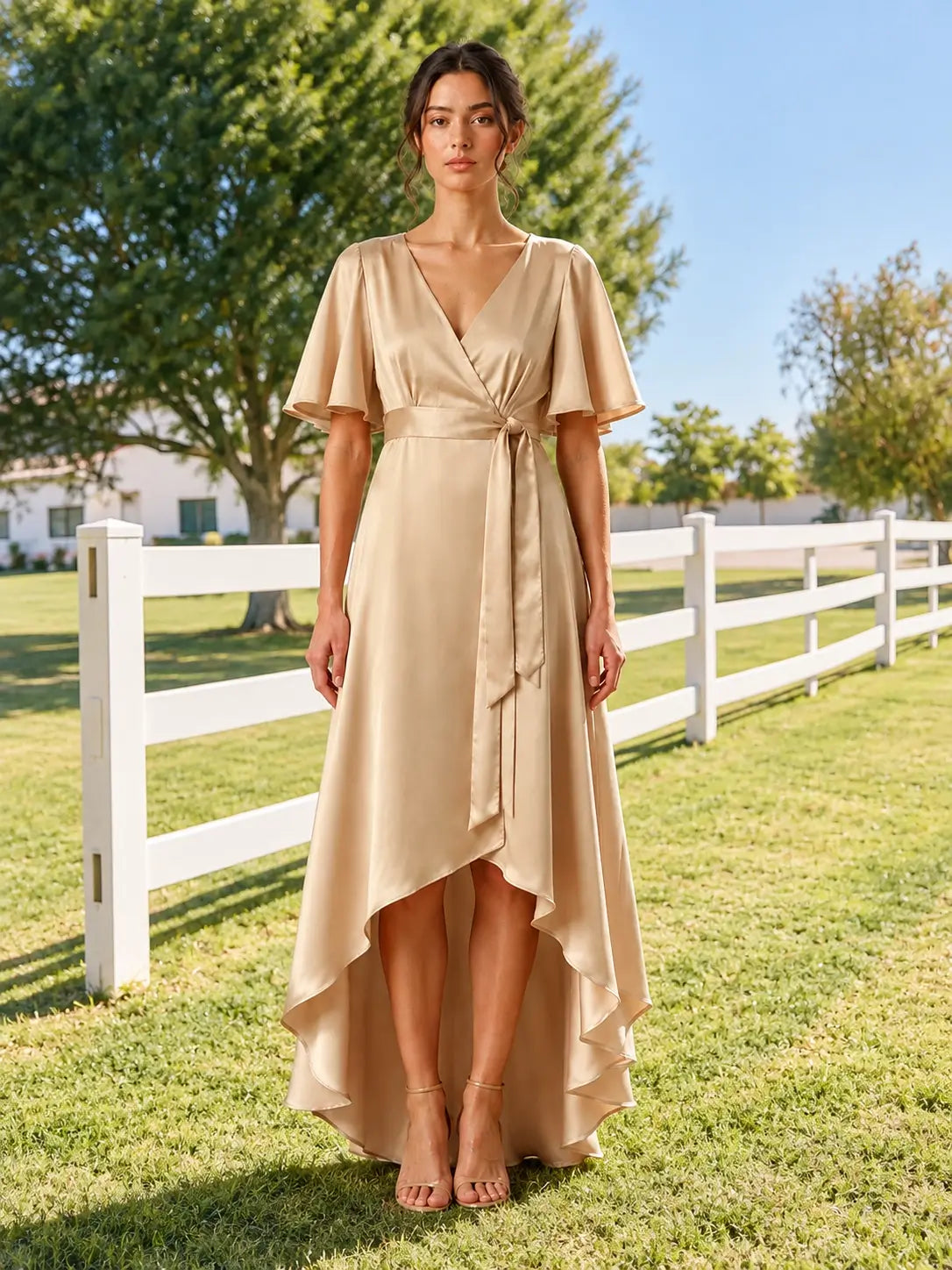V-neck Bridesmaid Dress with Flutter Sleeves