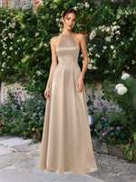 Satin Bridesmaid Dress with Illusion Halter Neck 