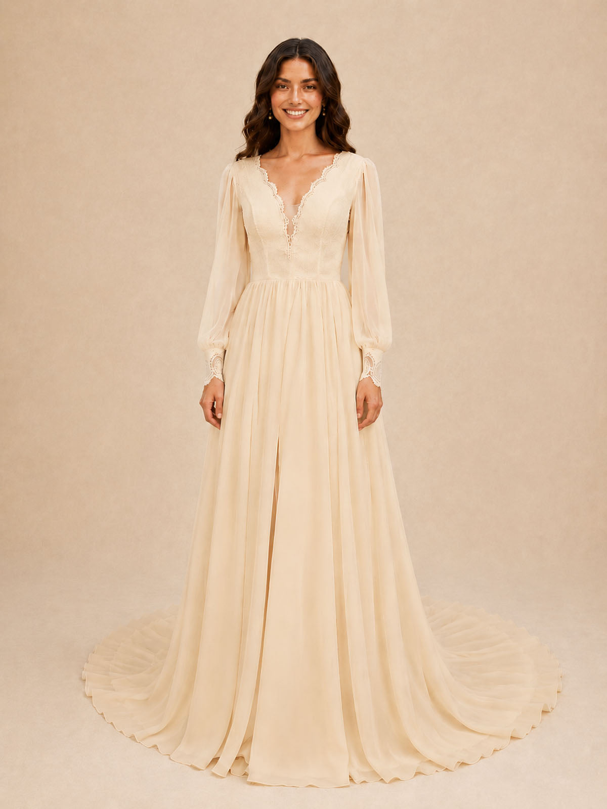 Lace V-Neck Slit Wedding Dress 