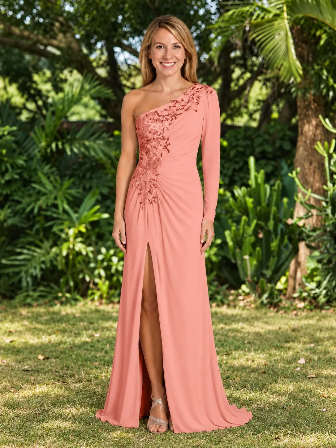 One-Shoulder Mother of the Bride Dress with Appliques