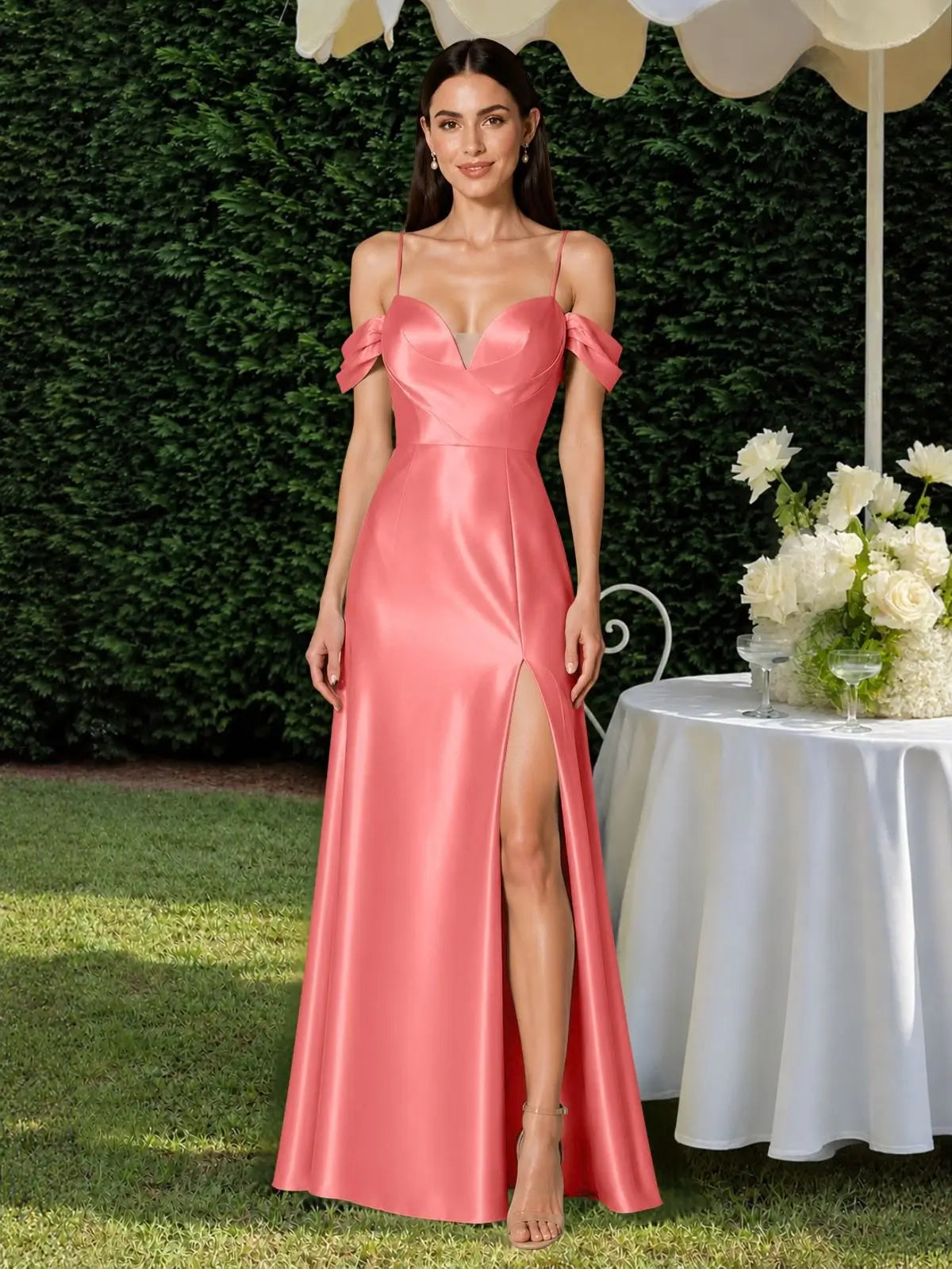 Silk-like Bridesmaid Dress with Cold Neckline 