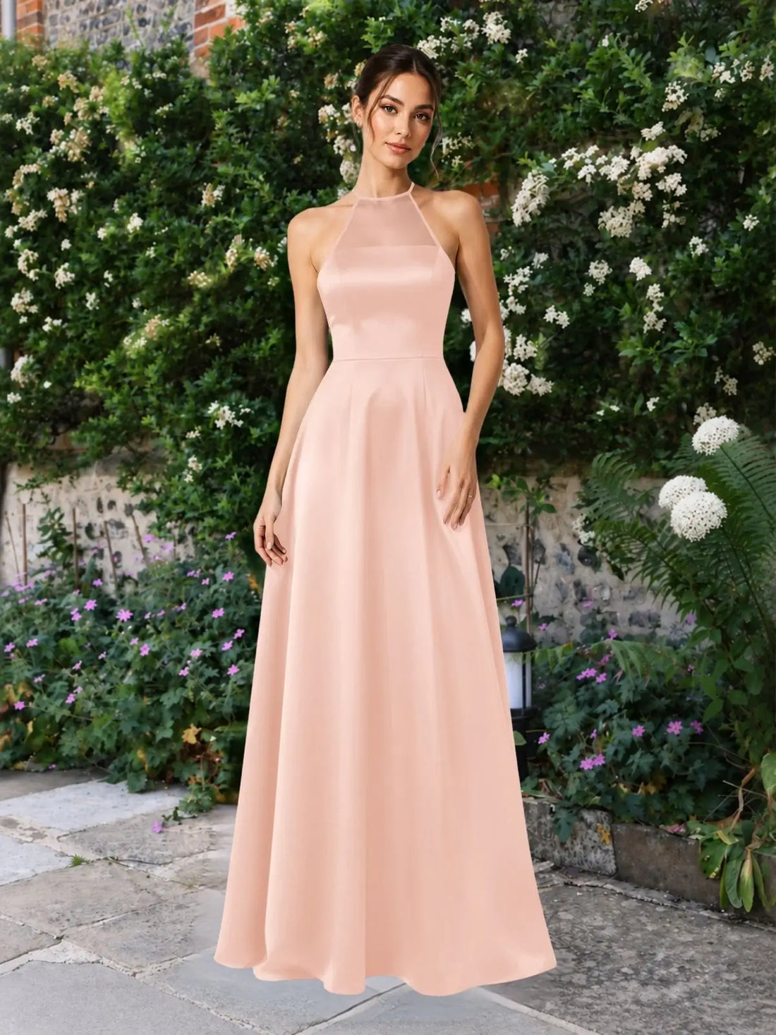 Satin Bridesmaid Dress with Illusion Halter Neck 