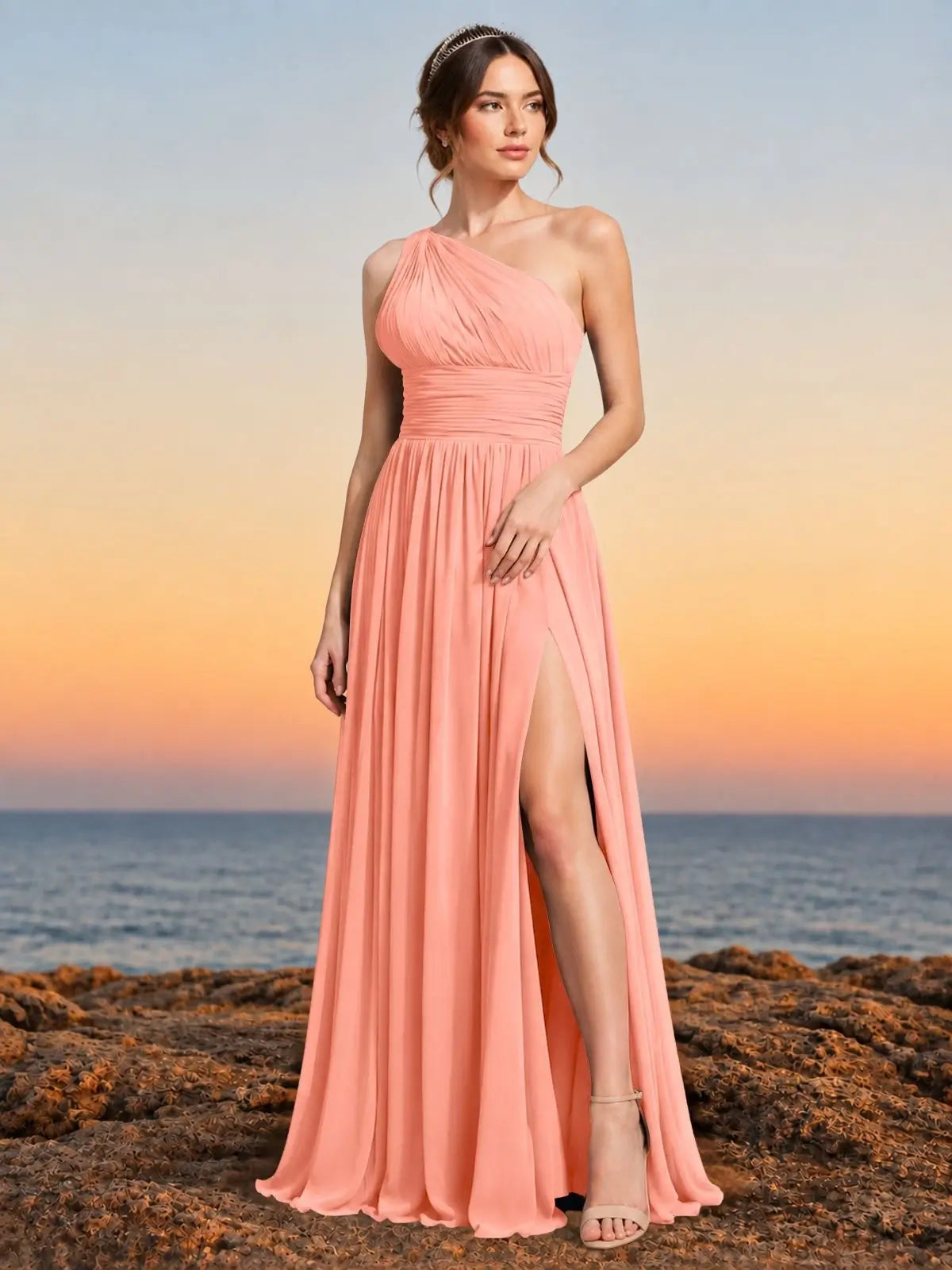 Chiffon Bridesmaid Dress with One-Shoulder Neckline 