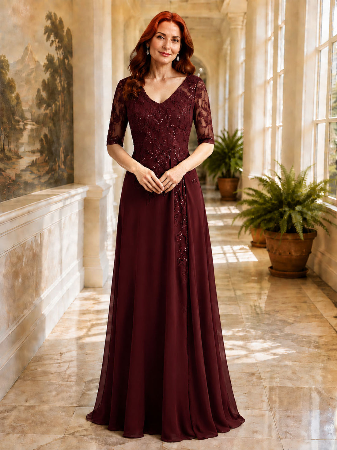 Applique V-Neck Chiffon Dress 