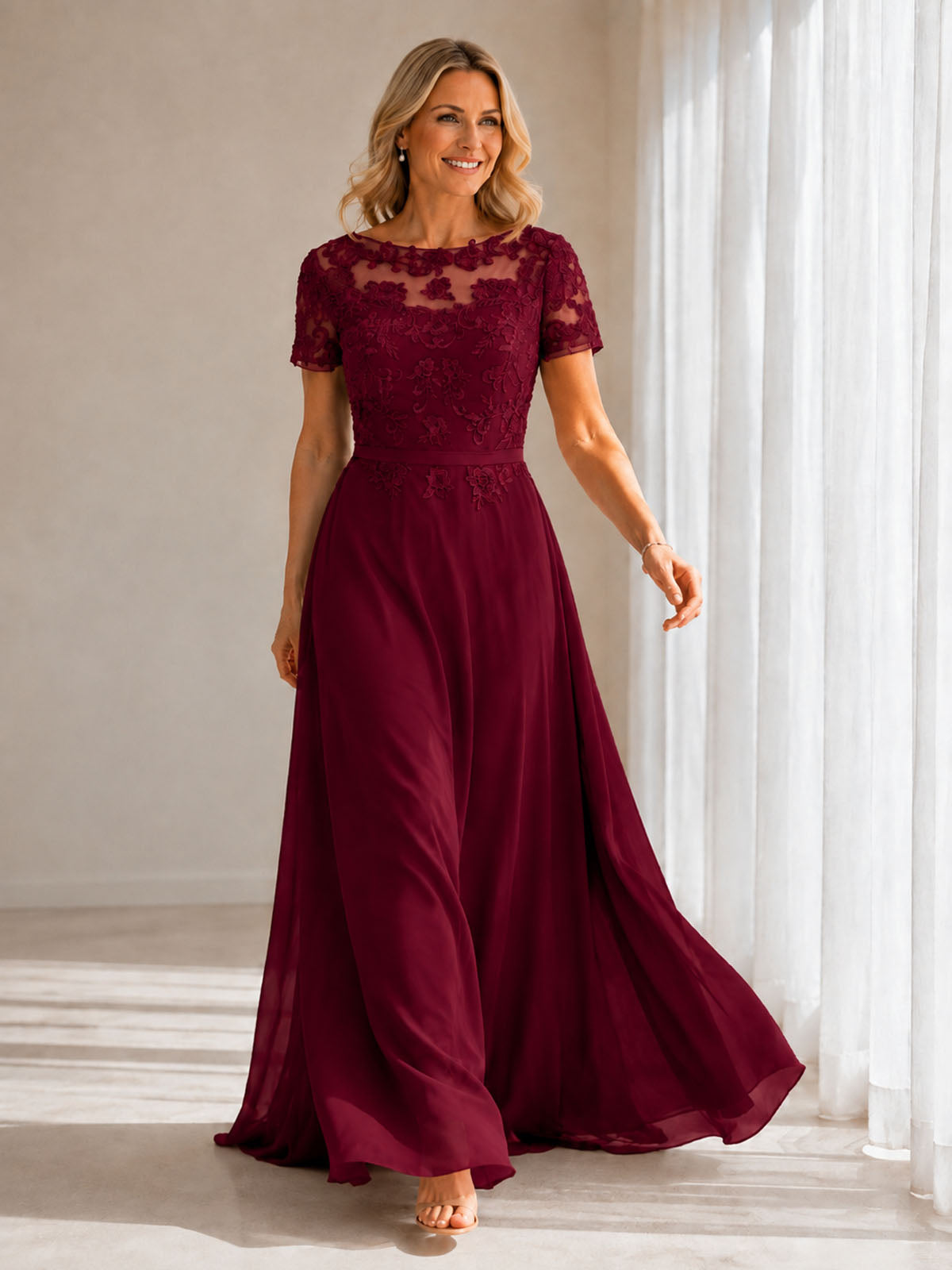 Illusion Applique Chiffon Dress 
