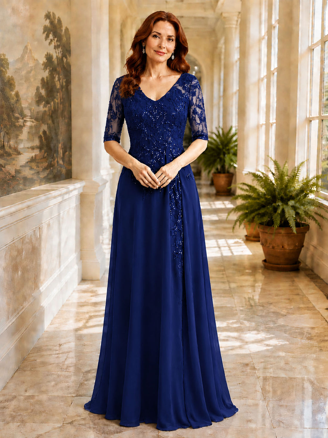 Applique V-Neck Chiffon Dress 