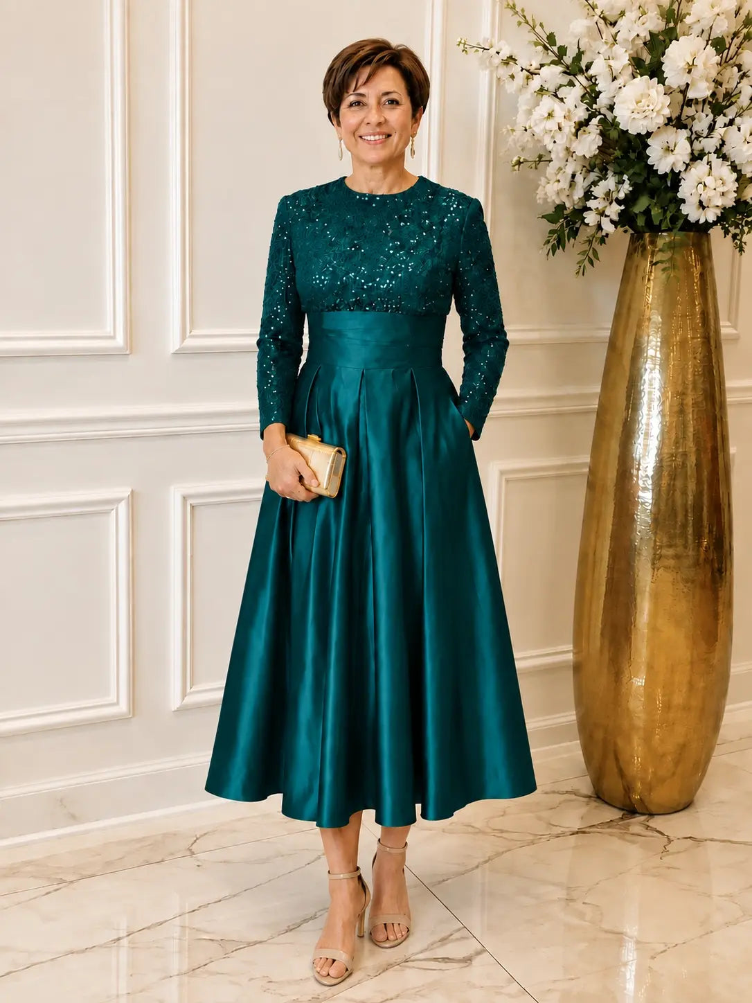 Sequined Boat Long Sleeves Dress 