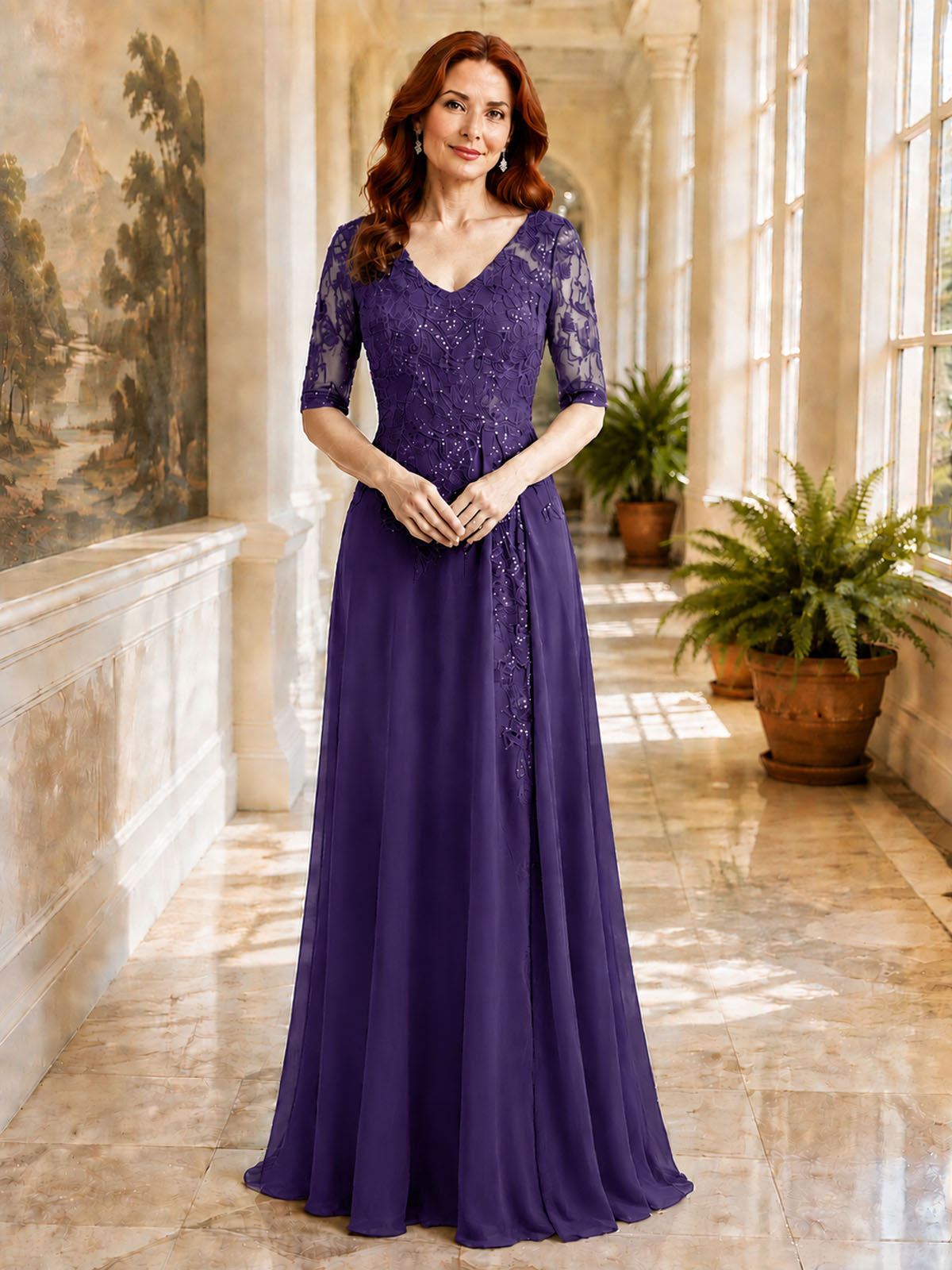 Applique V-Neck Chiffon Dress 