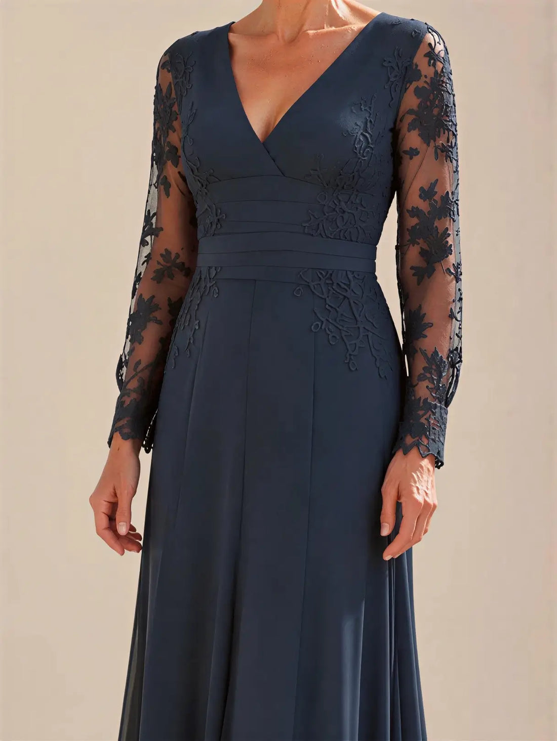 Navy Blue Lace Long Sleeves MOB Dress