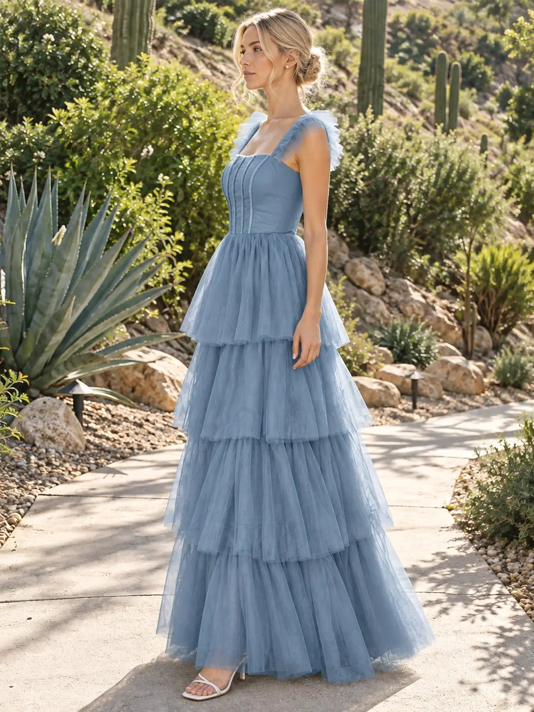 Ruffled Strap Tiered Tulle Bridesmaid Dress 
