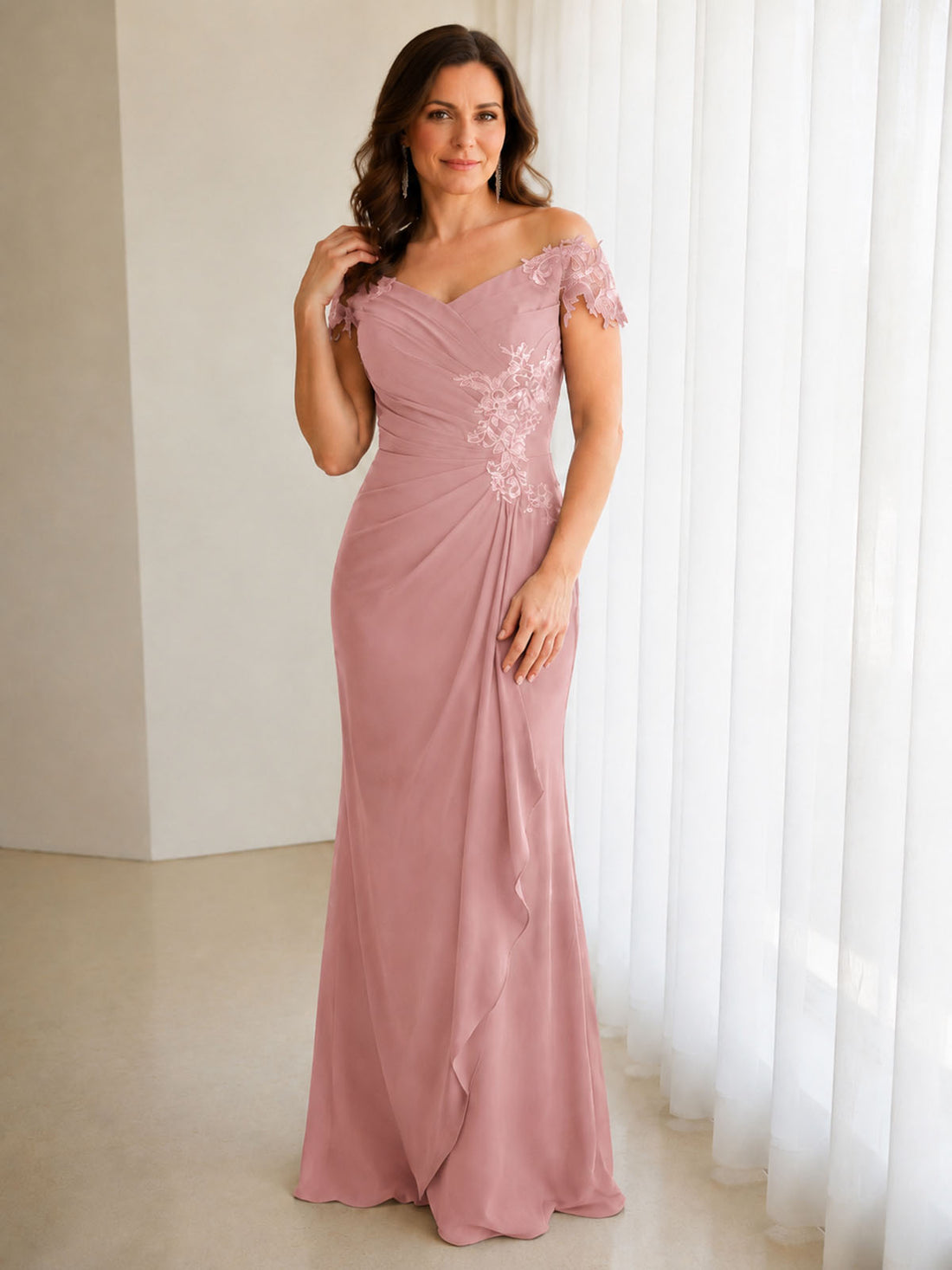 Off-Shoulder Chiffon Sheath Dress 