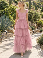 Ruffled Strap Tiered Tulle Bridesmaid Dress 