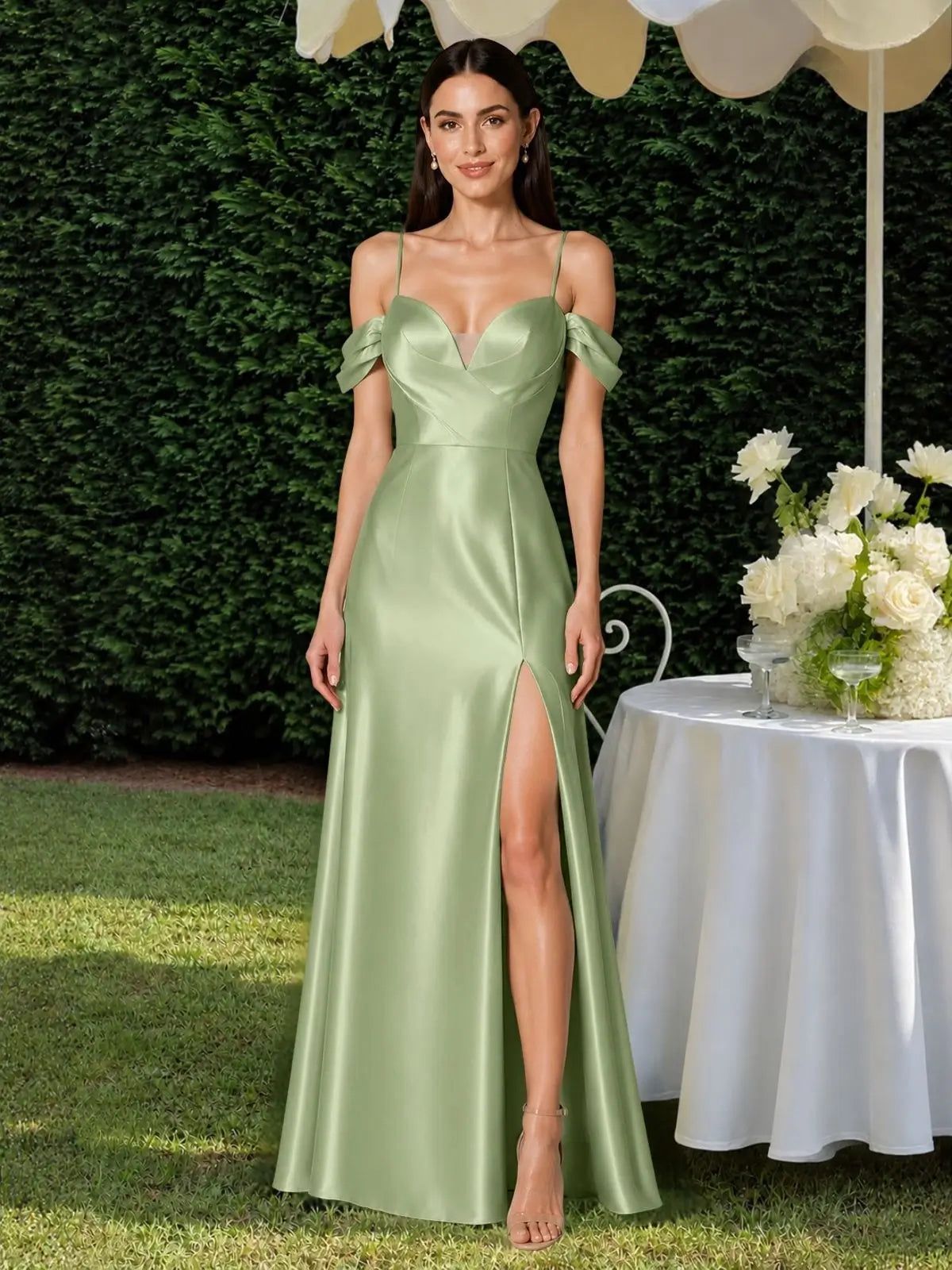 Silk-like Bridesmaid Dress with Cold Neckline 