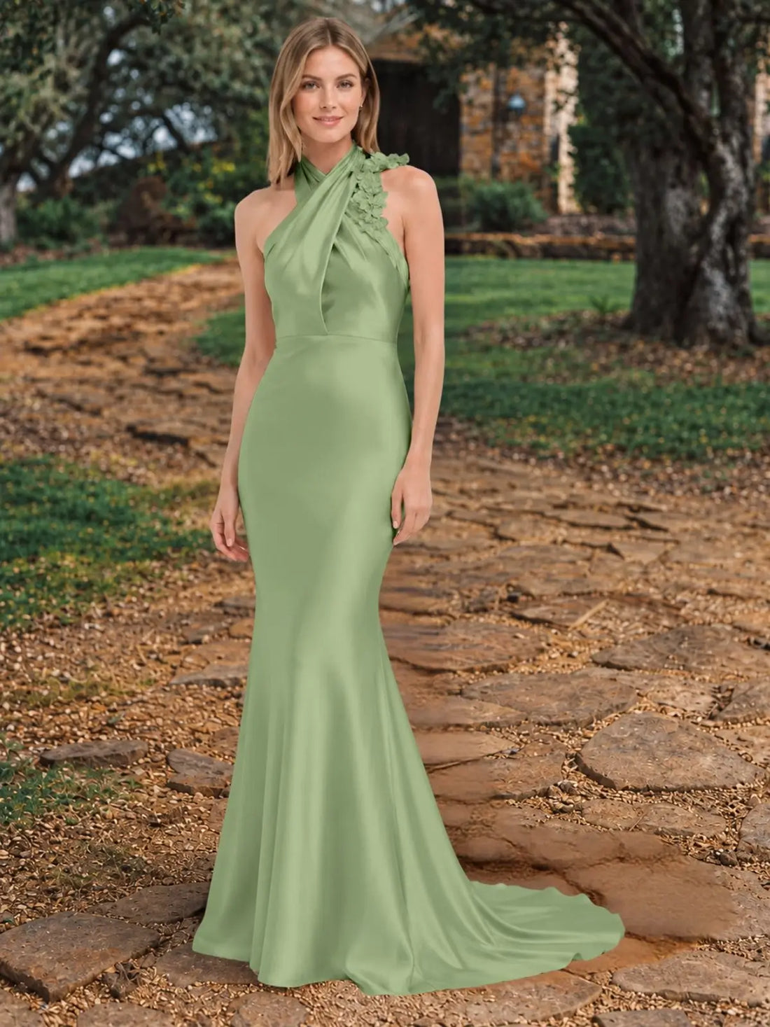 Silk-like Bridesmaid Dress with 3D Floral 
