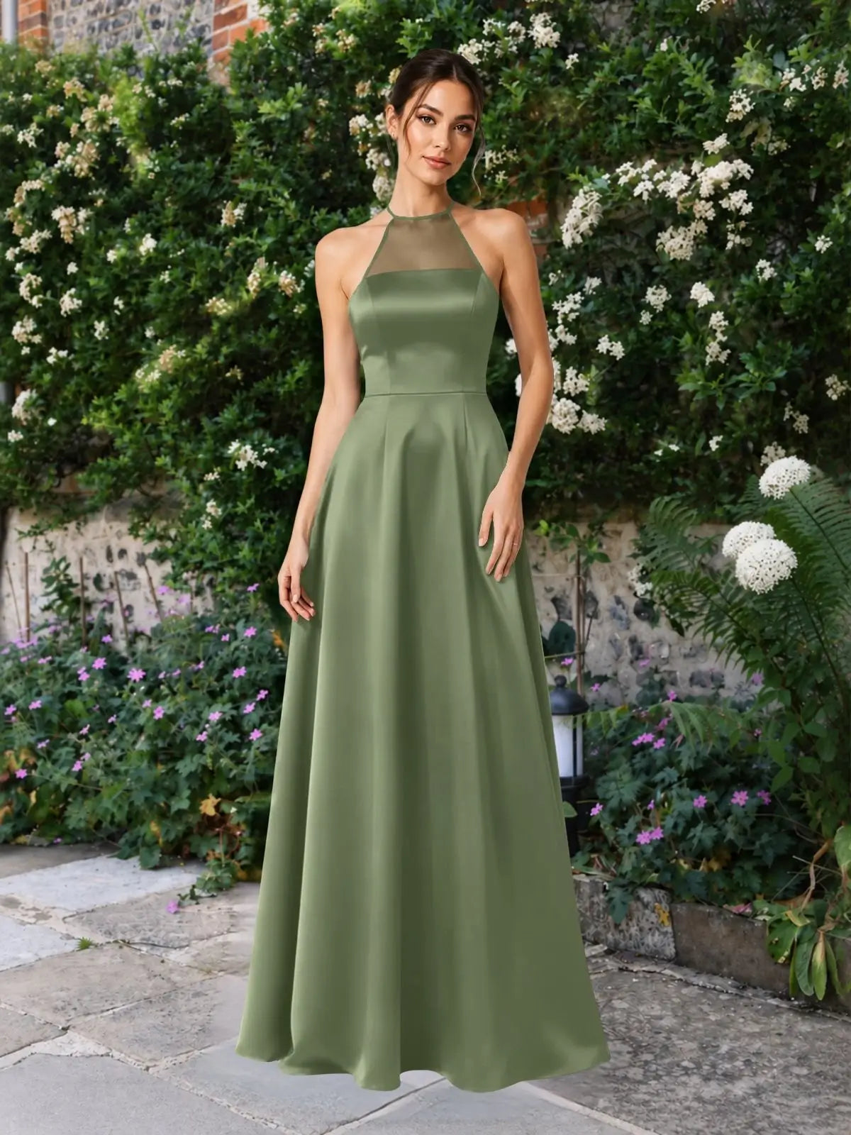 Satin Bridesmaid Dress with Illusion Halter Neck 