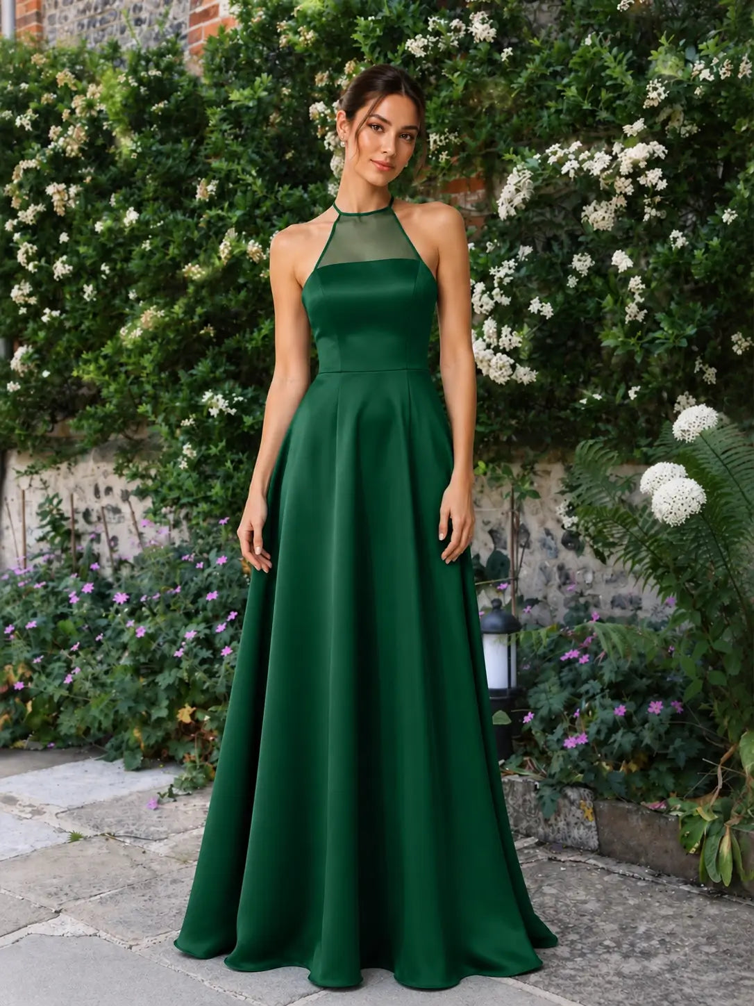 Satin Bridesmaid Dress with Illusion Halter Neck 