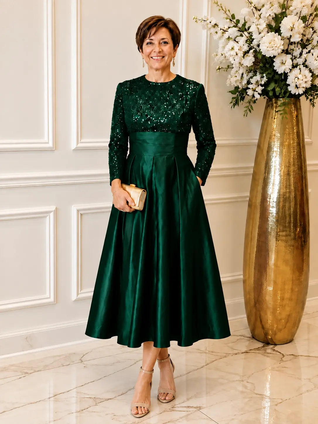 Sequined Boat Long Sleeves Dress 