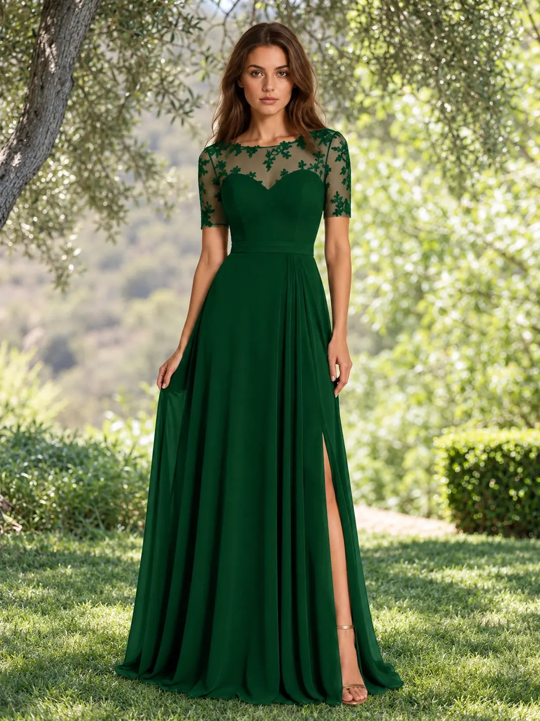 Lace Mother of the Bride Dress with Illusion Neckline 
