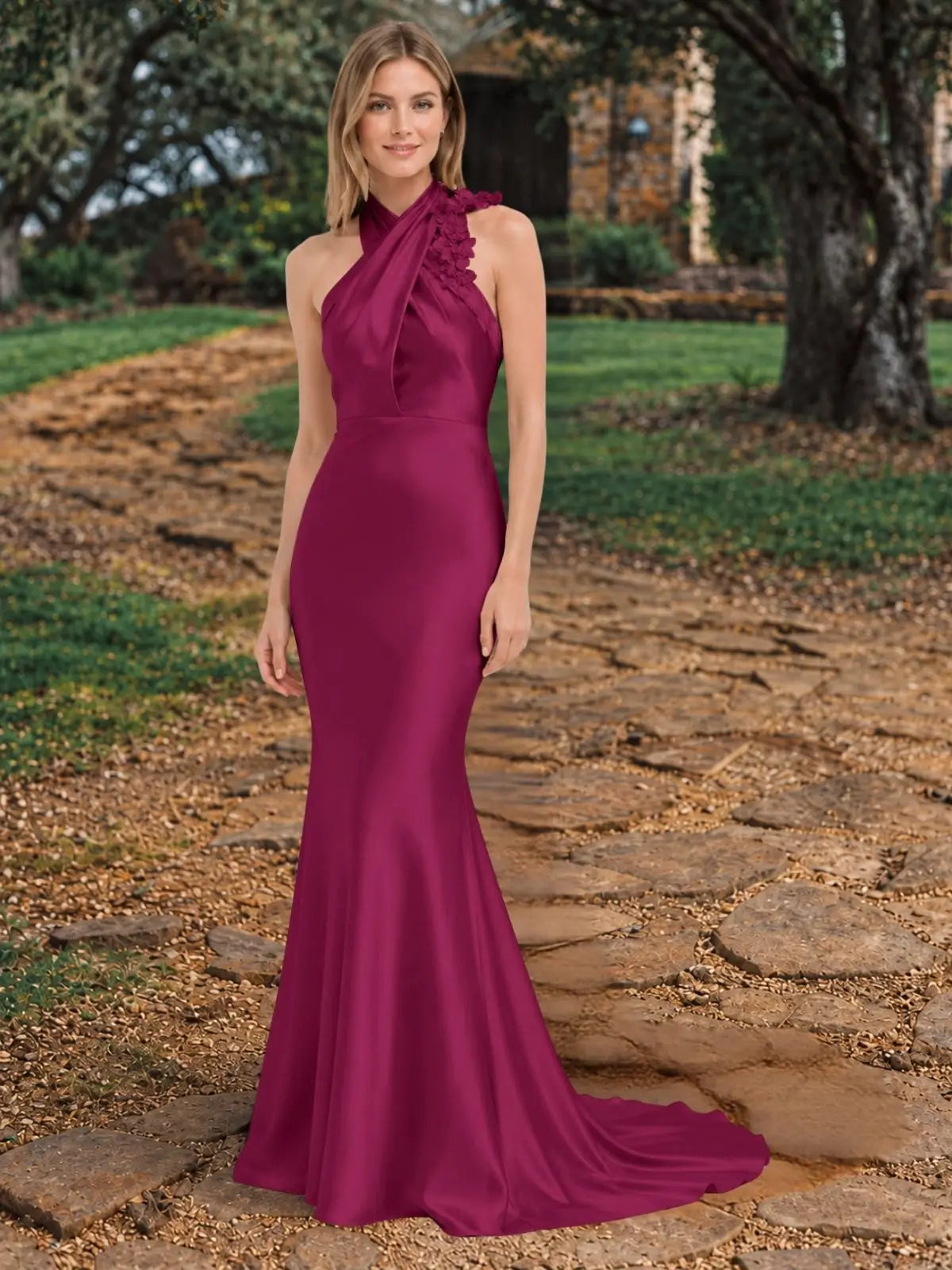 Silk-like Bridesmaid Dress with 3D Floral 