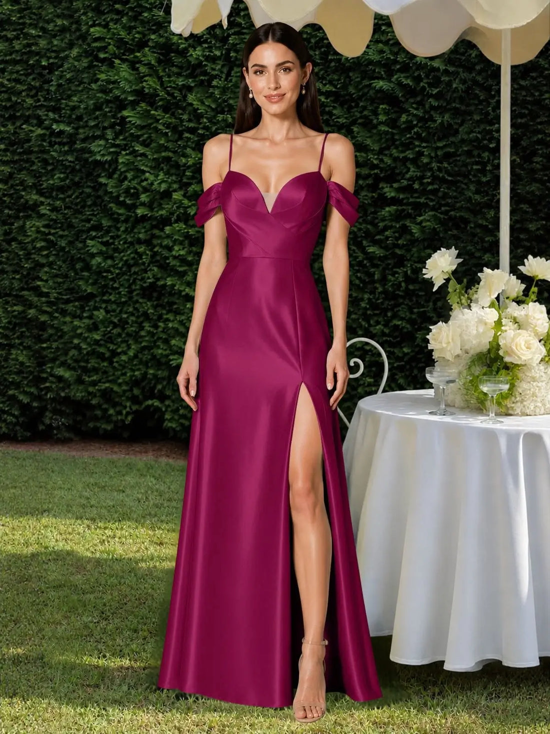Silk-like Bridesmaid Dress with Cold Neckline 