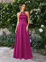 Satin Bridesmaid Dress with Illusion Halter Neck 