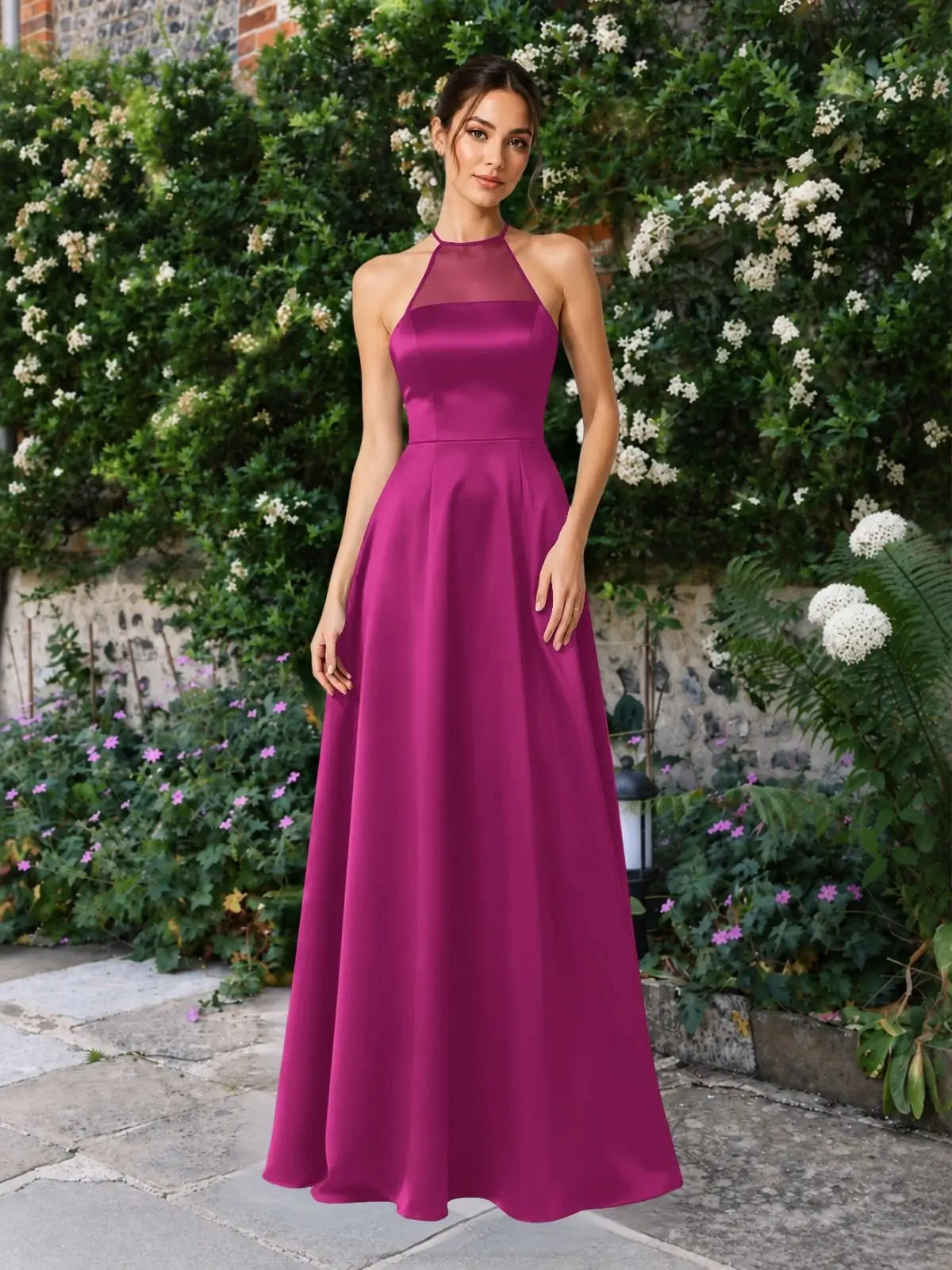 Satin Bridesmaid Dress with Illusion Halter Neck 