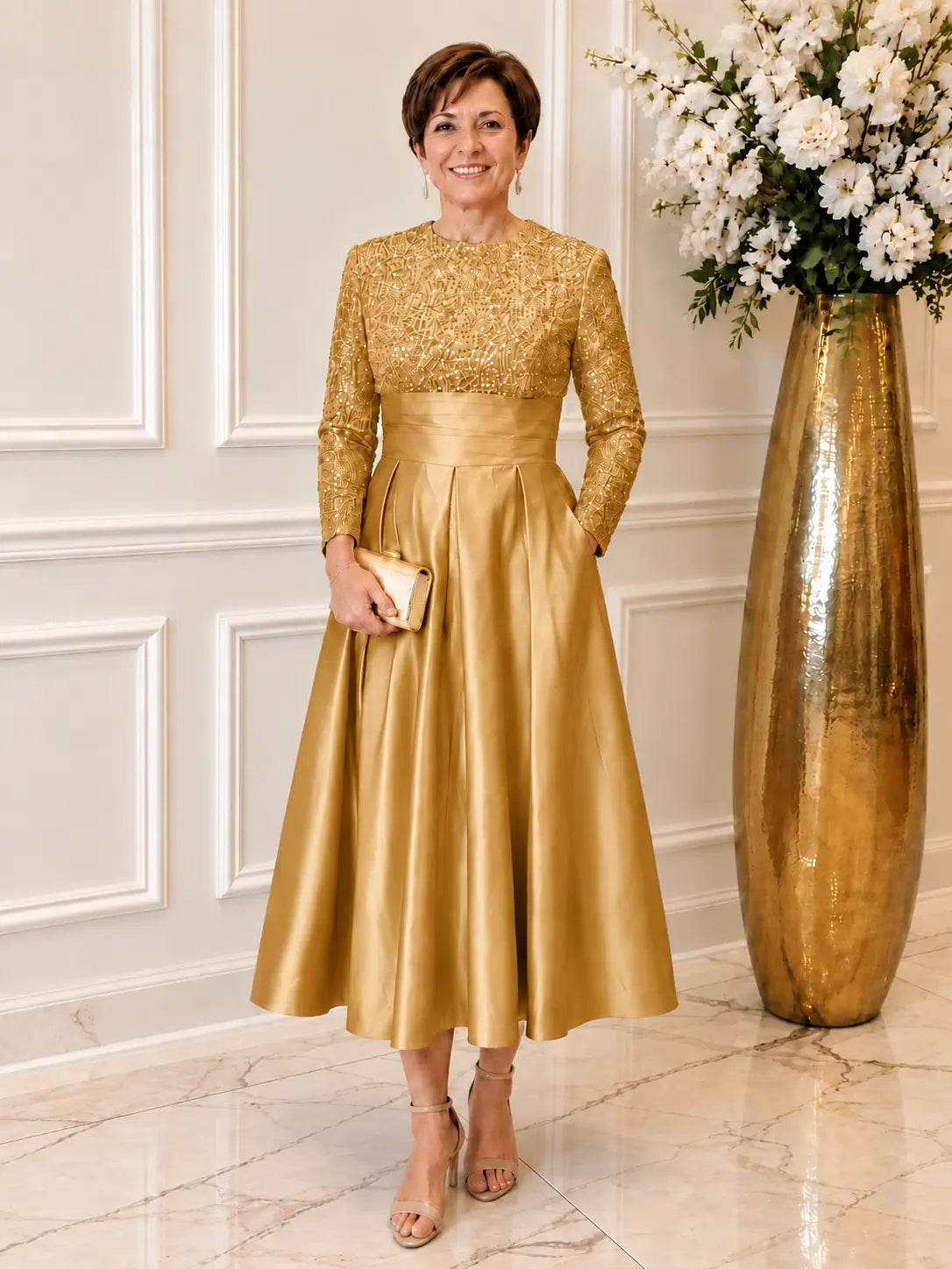 Sequined Boat Long Sleeves Dress 